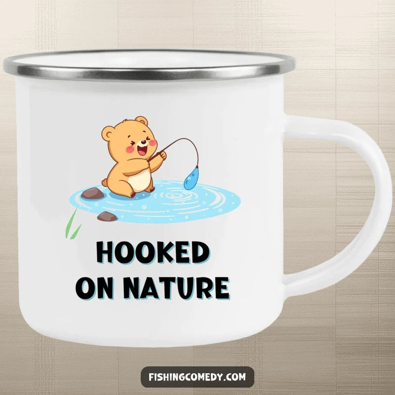 Funny camping mug with a happy bear cub fishing in a sparkly blue lake, perfect for outdoor adventures, funny gift.