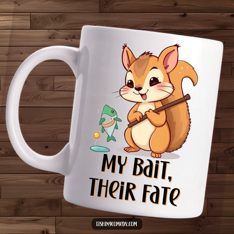 Funny squirrel mug, excitedly fishing with a rod, a fish leaps near the bait, cartoon style, humorous angler.
