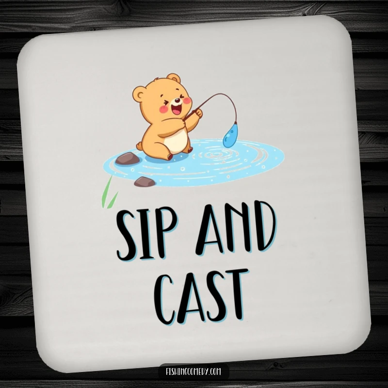 Funny drink coaster with a happy bear cub fishing in a sparkly blue lake, protecting surfaces with outdoor charm, funny gift.