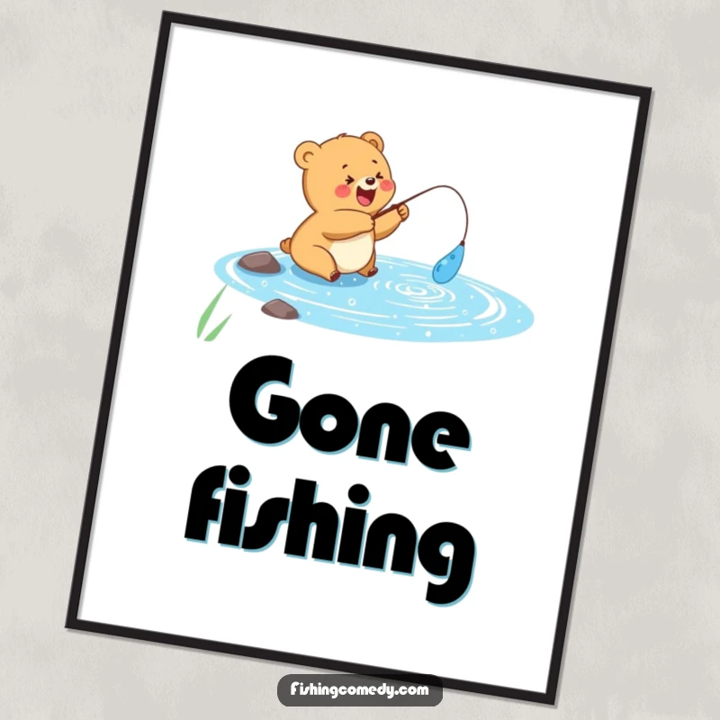 Funny poster art of a cheerful bear cub fishing in a sparkly blue lake, serene outdoor scene, perfect funny gift.