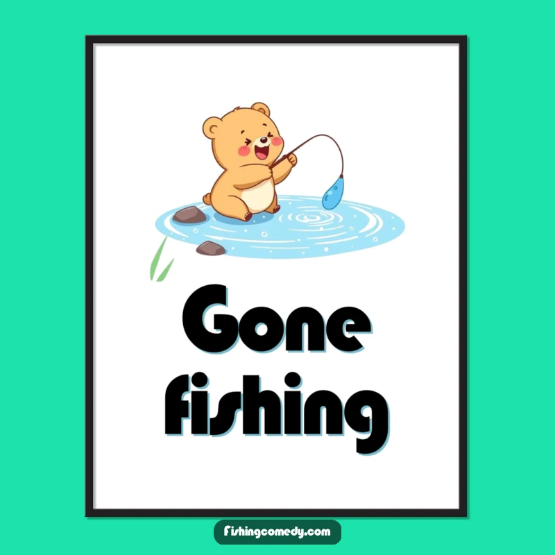 Funny Bear Cub Poster: Happy Angler Art, Perfect Outdoor Wall Decor