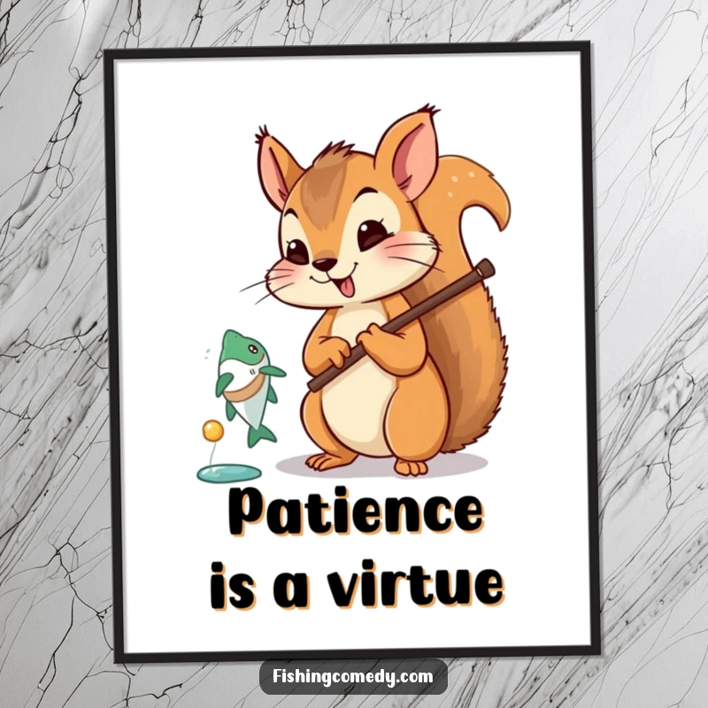 Funny squirrel fishing poster, enthusiastic cartoon character, fish near bait, vibrant wall art, humorous nature scene.