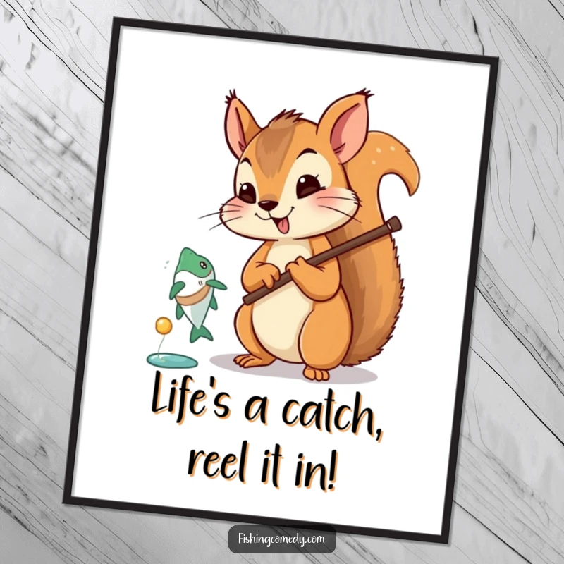 Funny free printable wall art: Curious squirrel holding fishing rod, fish jumping, perfect humorous downloadable decor.