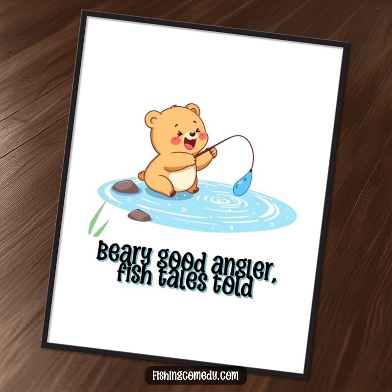 Funny Free Printable Wall Art showing a cheerful bear cub contentedly fishing in a bright, sparkling blue lake.