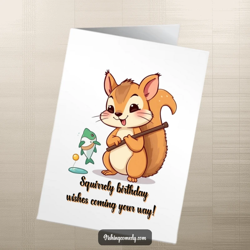 Funny free printable birthday card: Curious squirrel with fishing rod, excited about a jumping fish, perfect for DIY gifts.
