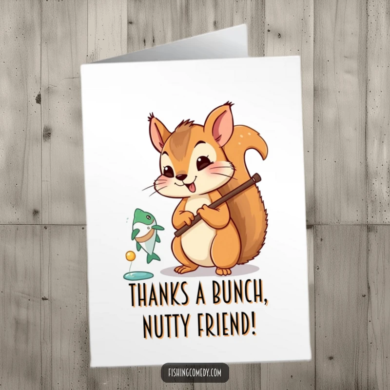 Funny free printable thank you card: Squirrel with fishing rod, fish jumping, a truly unique downloadable gift.