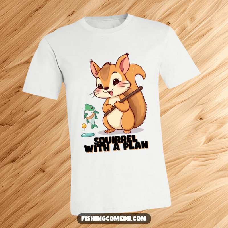 Funny squirrel t-shirt, enthusiastically holding a fishing rod, fish jumping near bait, vibrant illustration, outdoor humor.